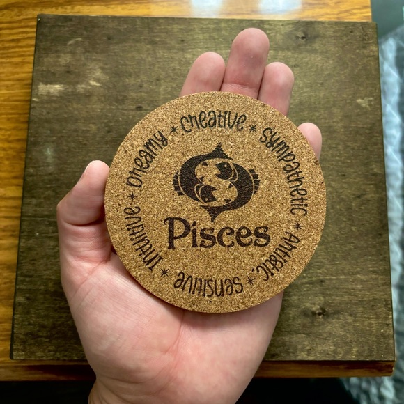 Pisces Zodiac Sign Encircled Laser Engraved Cork Coaster - Picture 3 of 5